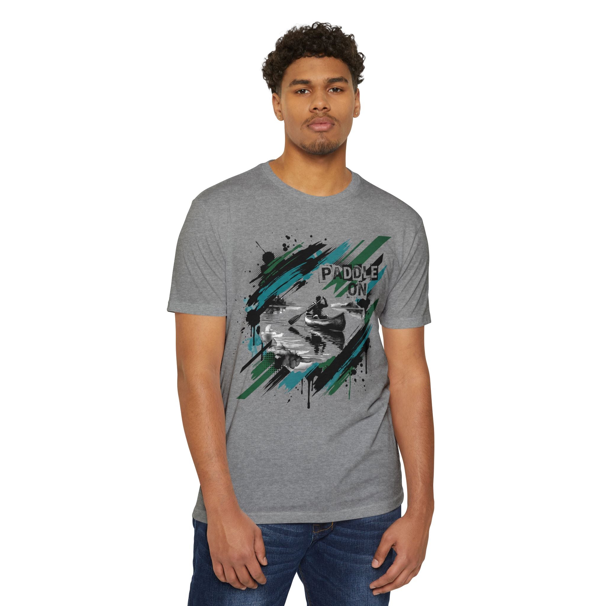 Gray unisex T-shirt with kayaking graphic and paddle-on text