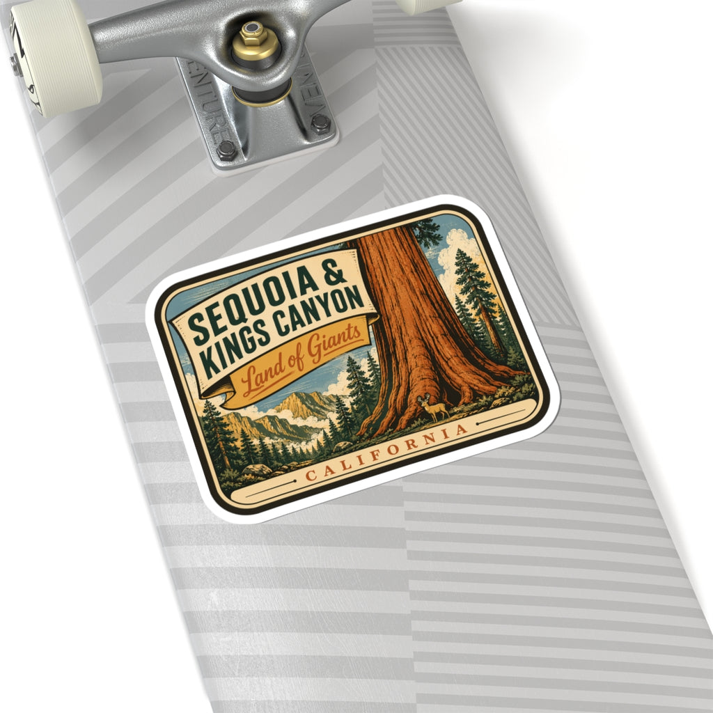 Sequoia & Kings Canyon travel sticker on gray striped skateboard deck