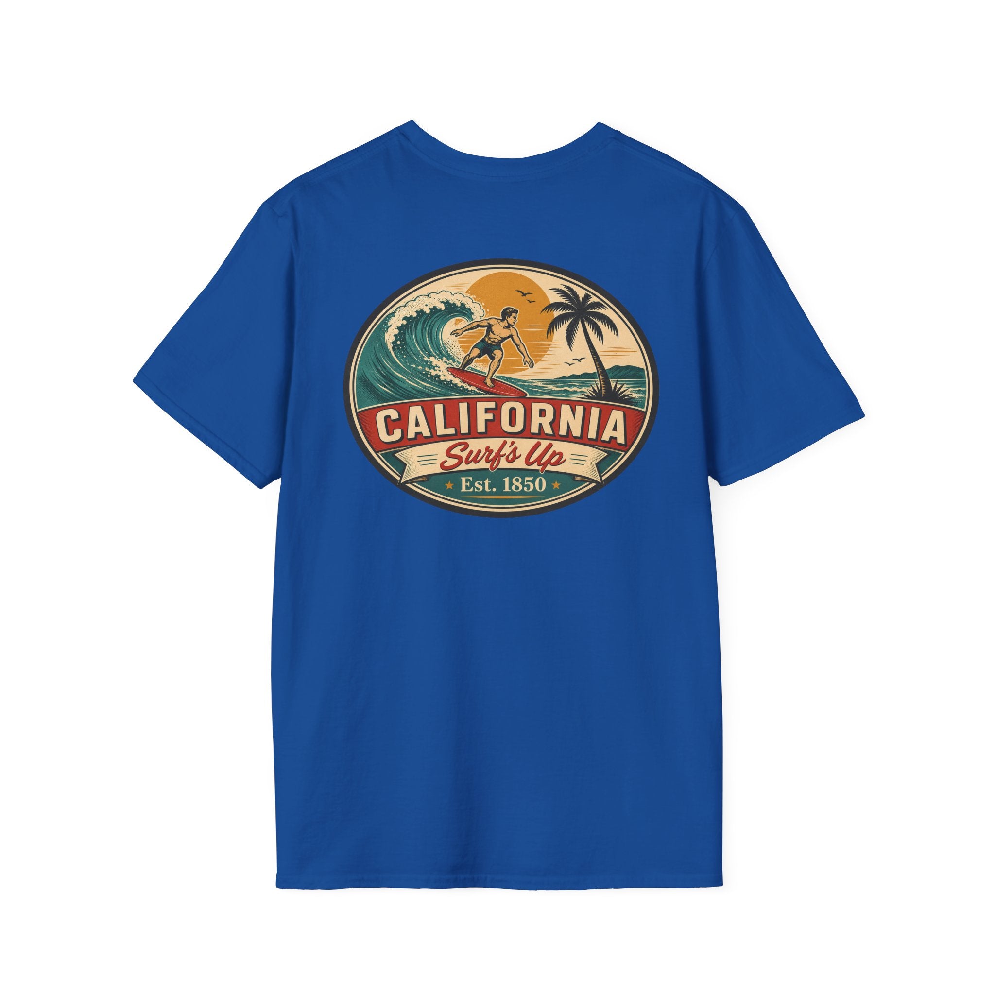 Royal blue T-shirt with large oval California Surf's Up graphic on the chest