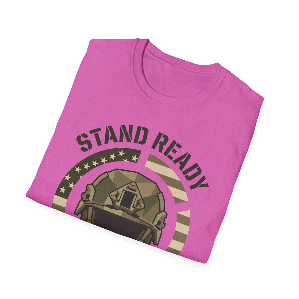 Pink graphic t-shirt with military helmet and arched “STAND READY” text