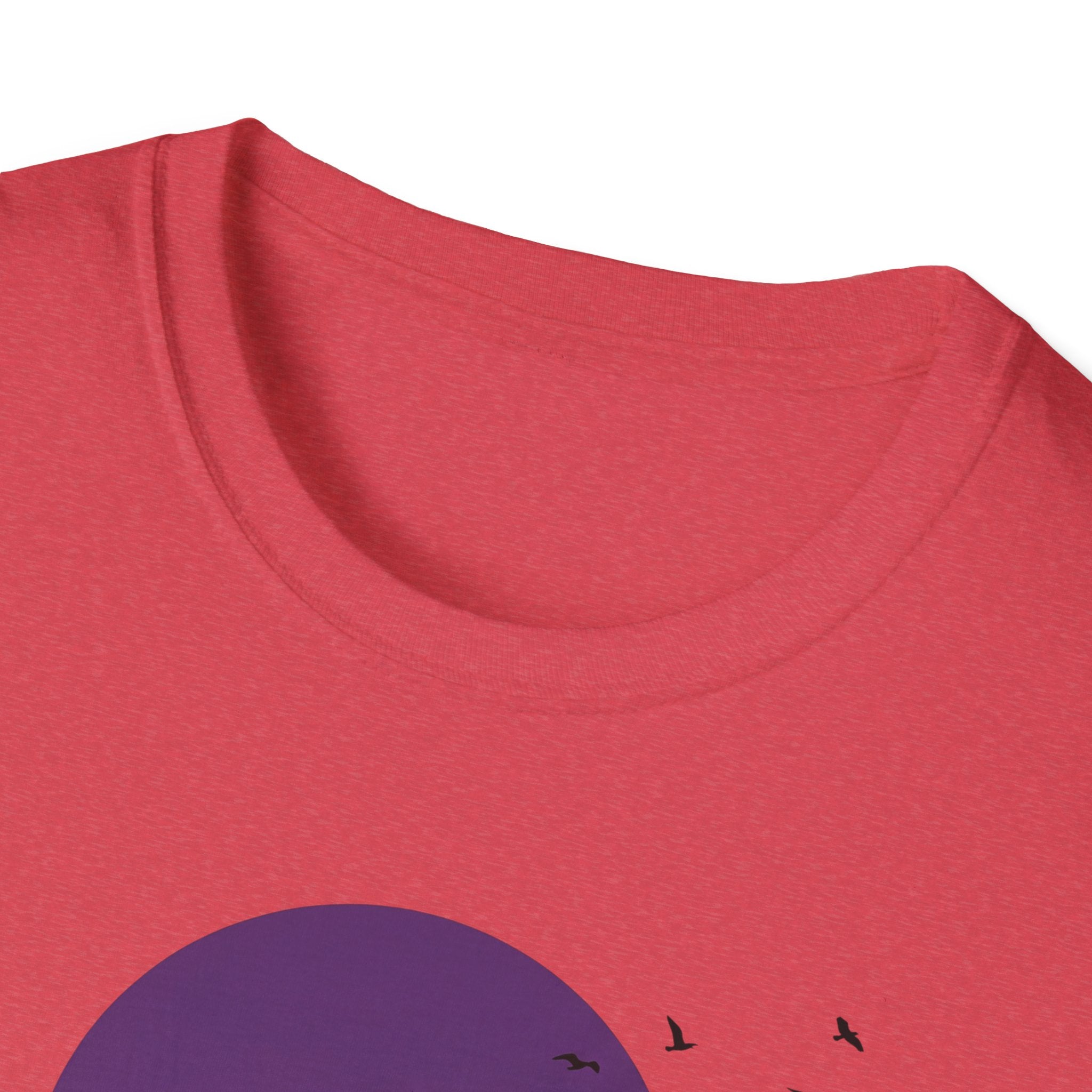 Pink T-shirt back close-up showing crew neck and top of the moon graphic