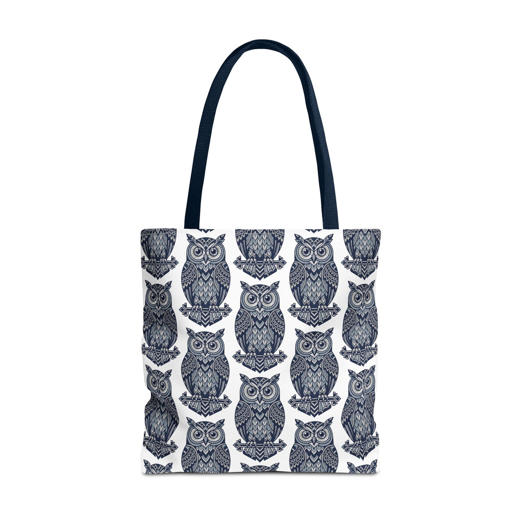Navy owl tote bag with dark top handles and repeating blue owl face design