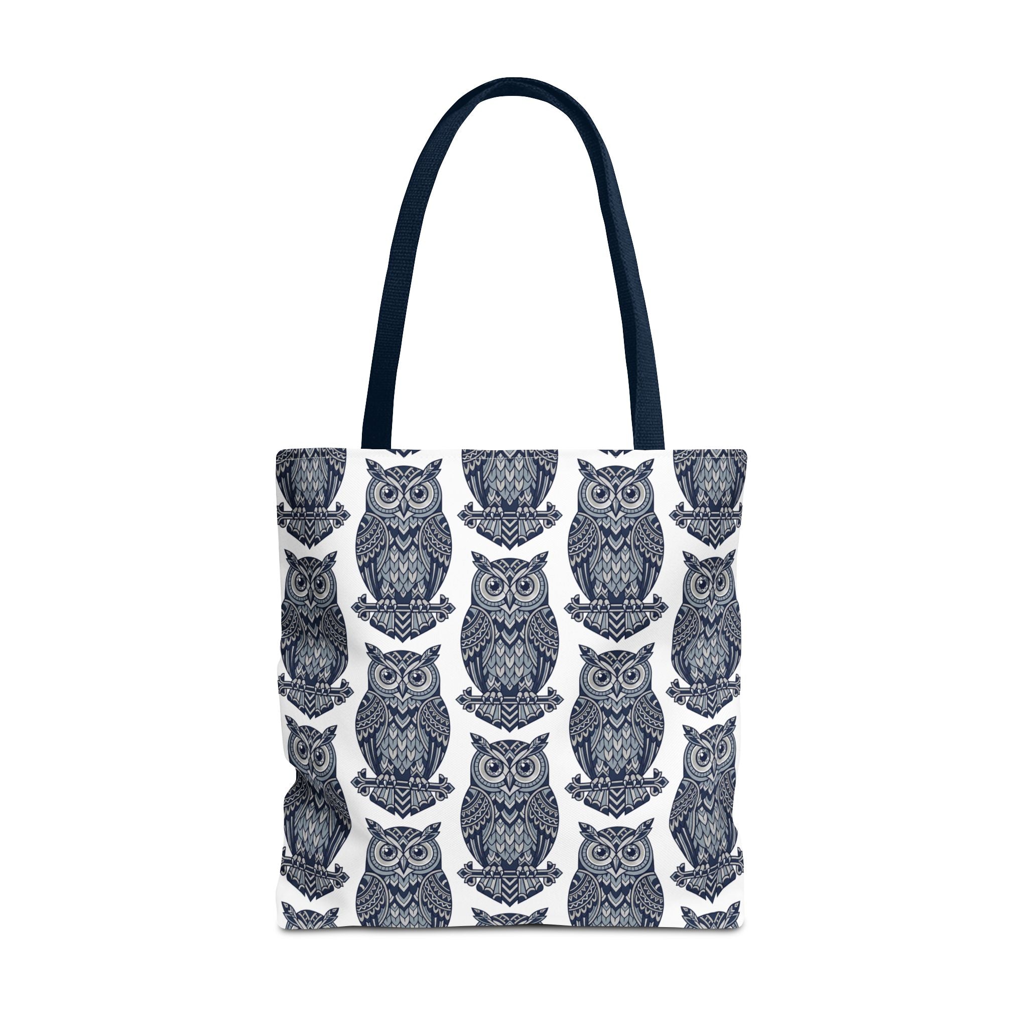 Navy owl tote bag with dark top handles and repeating blue owl face design