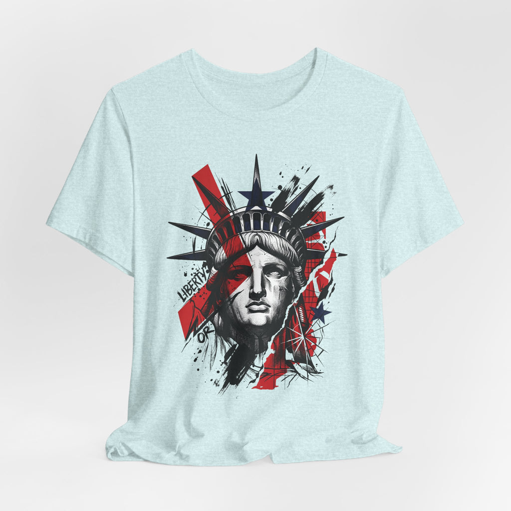 Light blue graphic T-shirt, front view, Statue of Liberty face print in red and black
