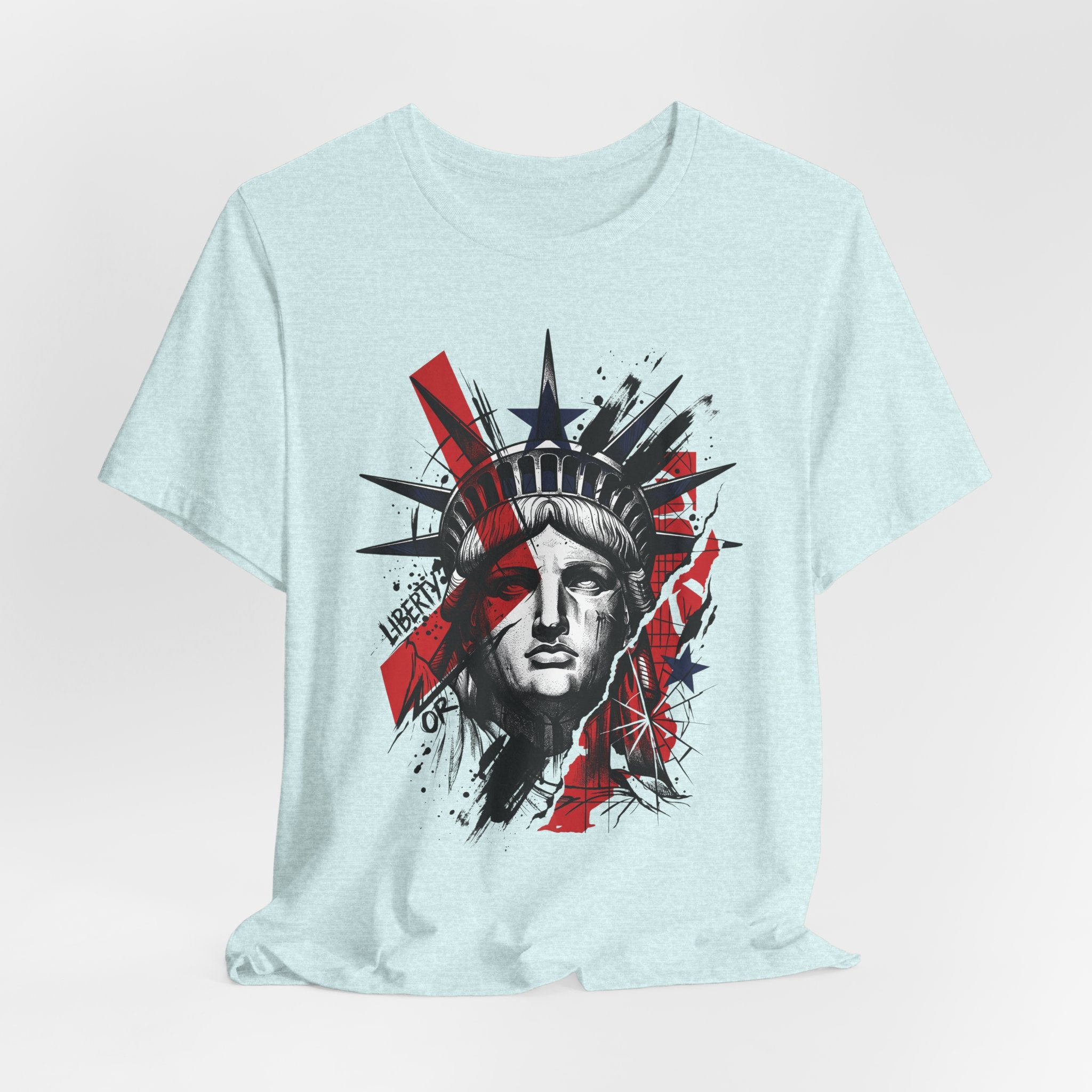 Light blue graphic T-shirt, front view, Statue of Liberty face print in red and black