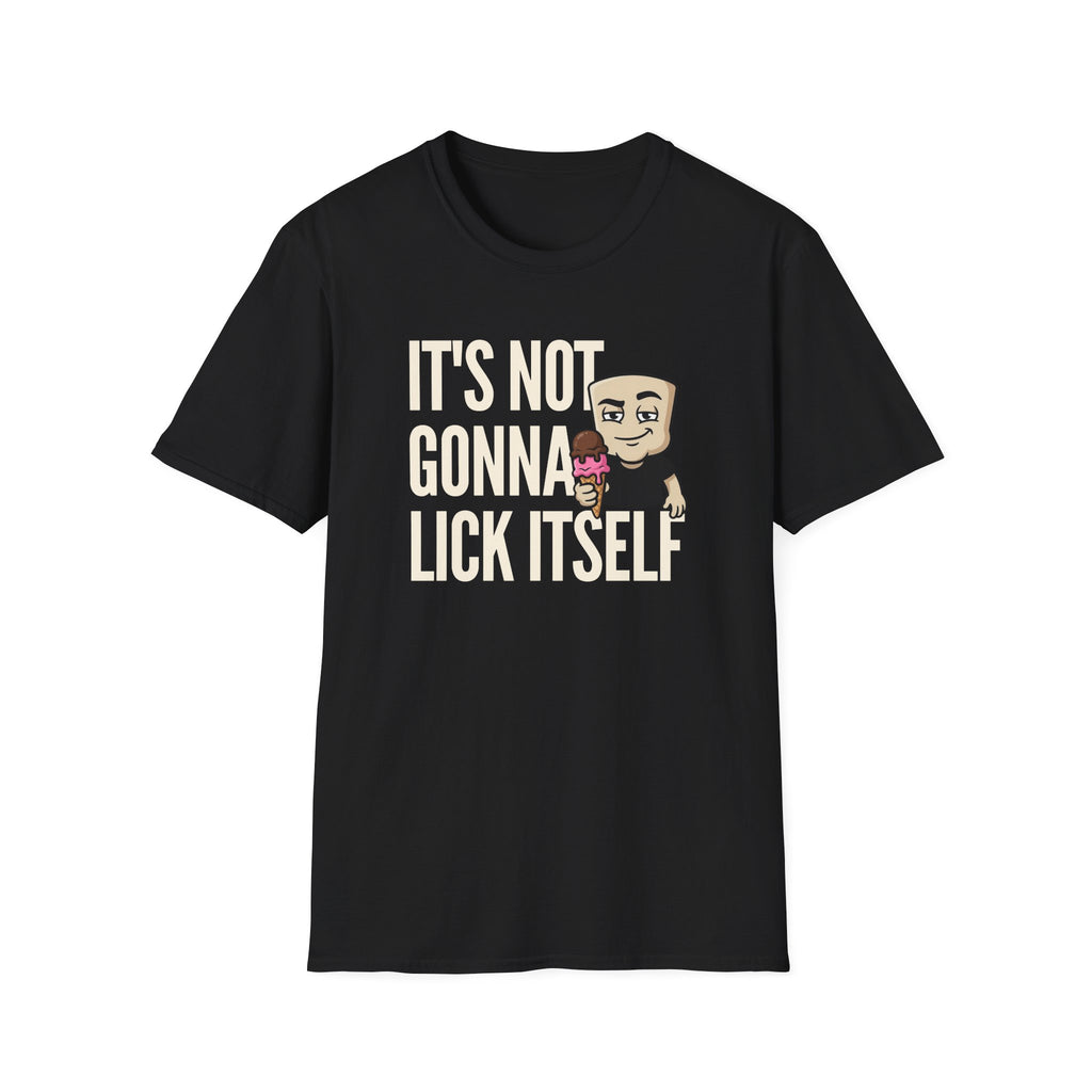 Black graphic T-shirt with bold lettering and cartoon ice cream character