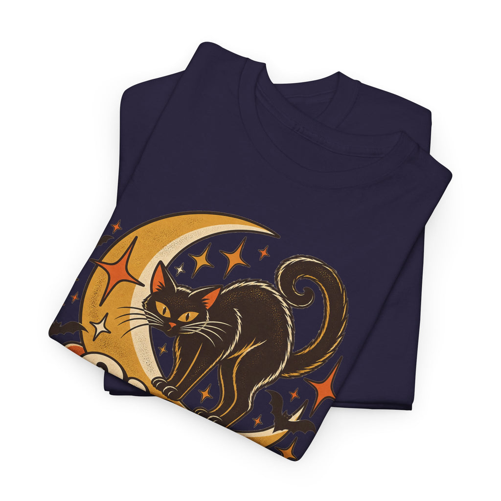 Hex Appeal Black Cat T-Shirt, Retro Crescent Moon Witchy Halloween Shirt for Women and Men, Funny Spooky Cat Lover Tee