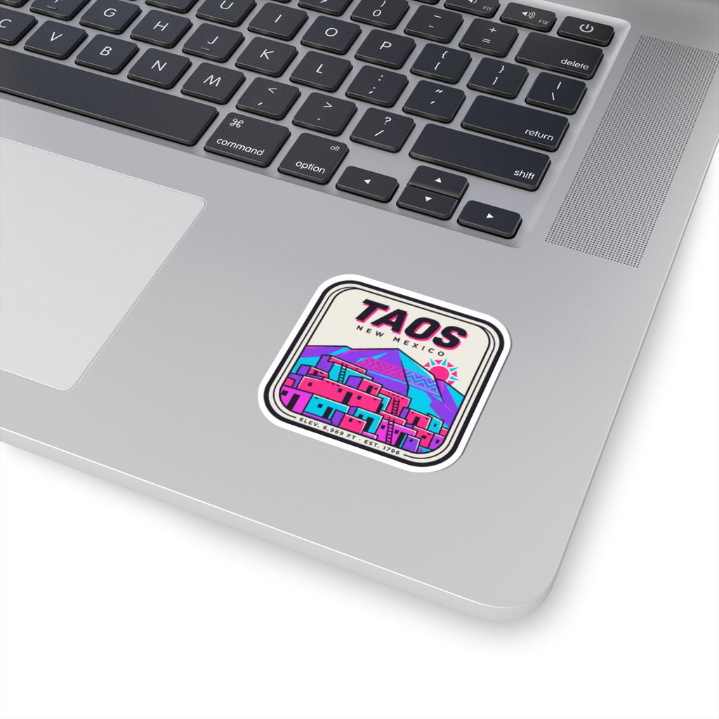 Taos neon mountain pueblo sticker decal with colorful building and badge design