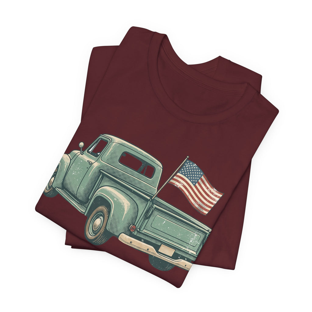 Maroon T-shirt with vintage green pickup truck and American flag graphic