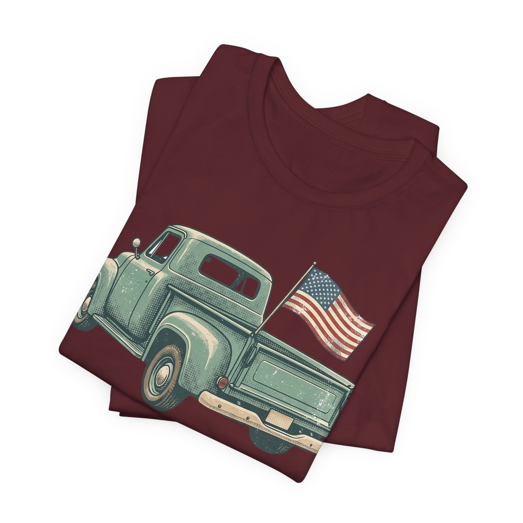 Maroon T-shirt with vintage green pickup truck and American flag graphic