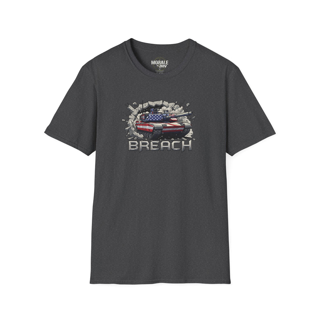 American flag tank “BREACH” graphic T-shirt, dark charcoal