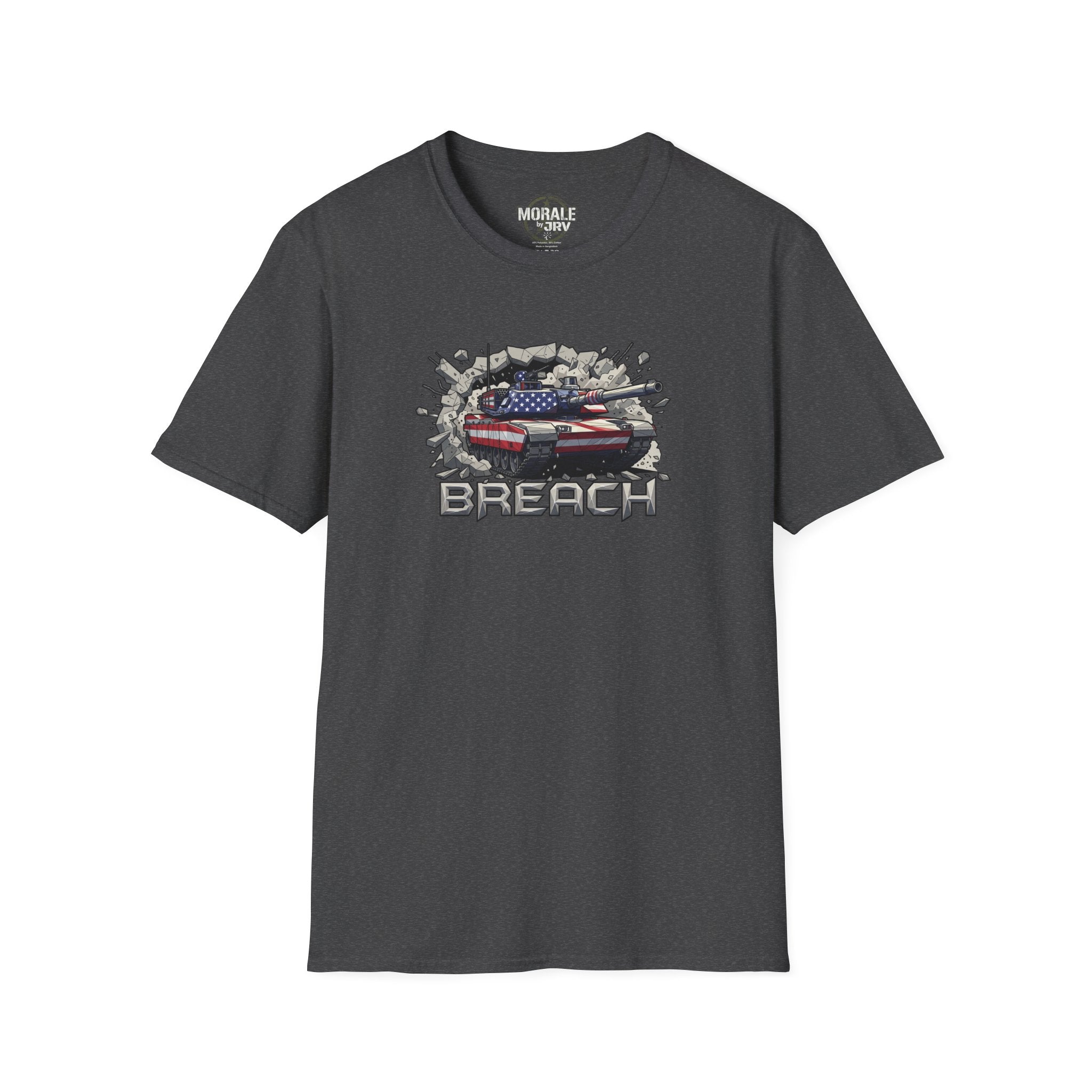 American flag tank “BREACH” graphic T-shirt, dark charcoal