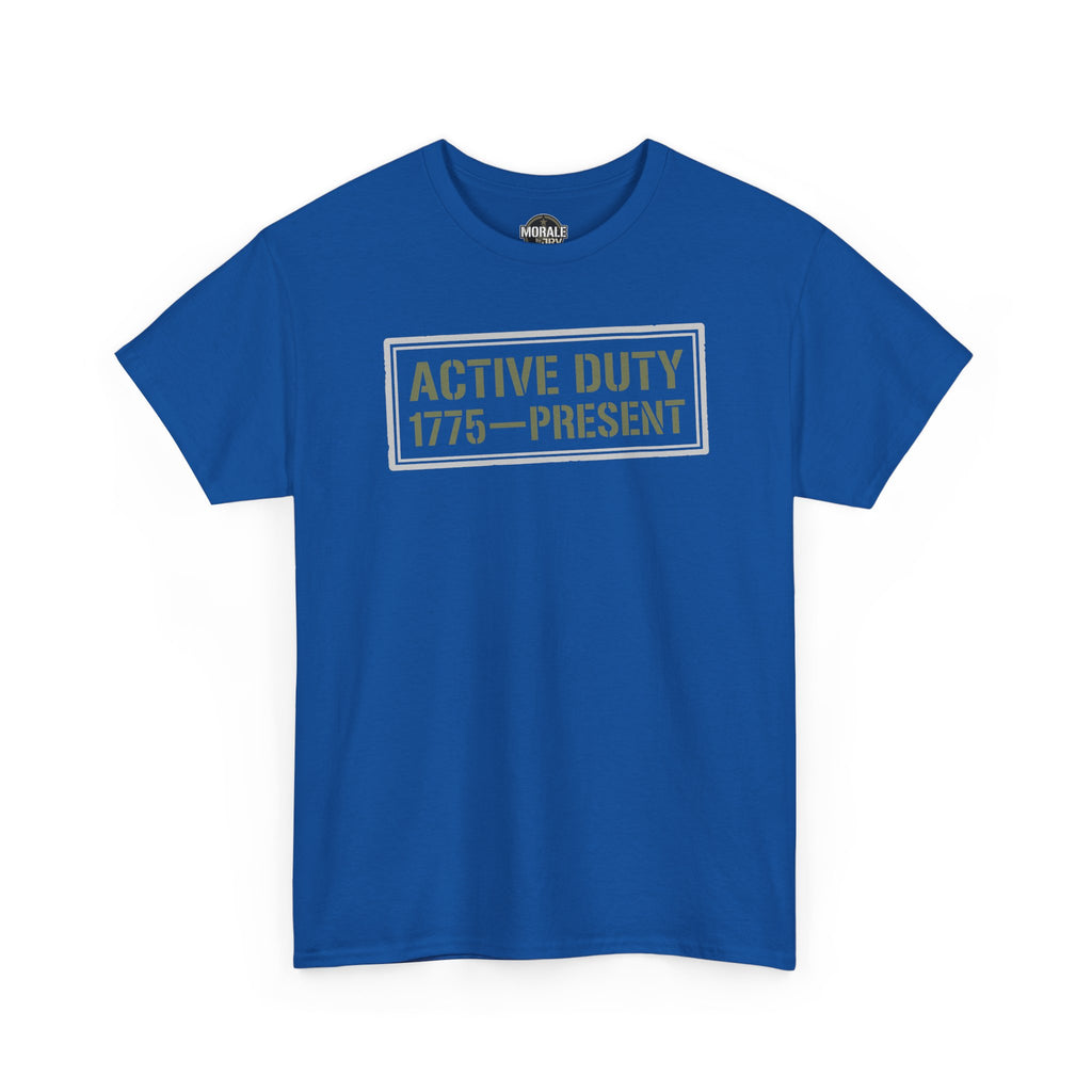 Royal blue crewneck T-shirt with "ACTIVE DUTY 1775—PRESENT" graphic on chest.