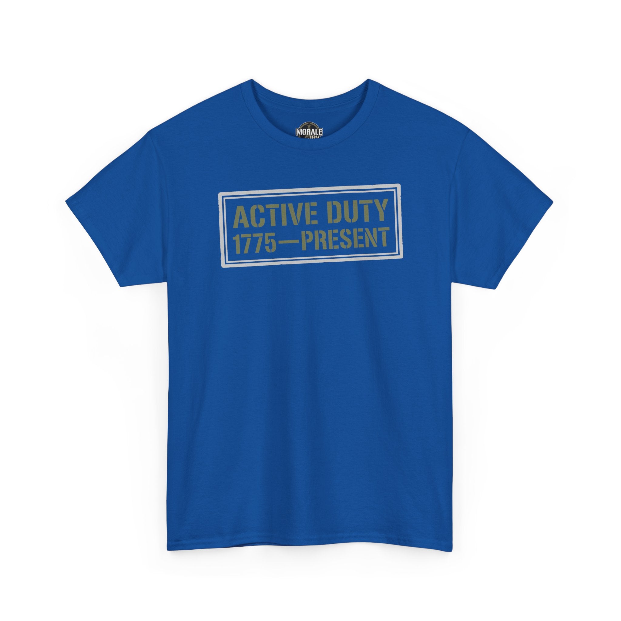 Royal blue crewneck T-shirt with "ACTIVE DUTY 1775—PRESENT" graphic on chest.