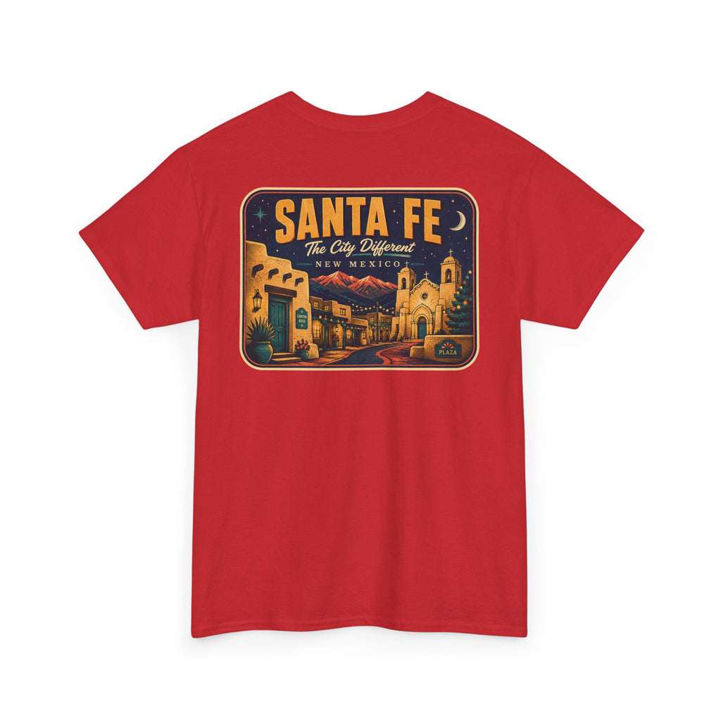Red T-shirt with Santa Fe vintage luggage tag graphic on chest