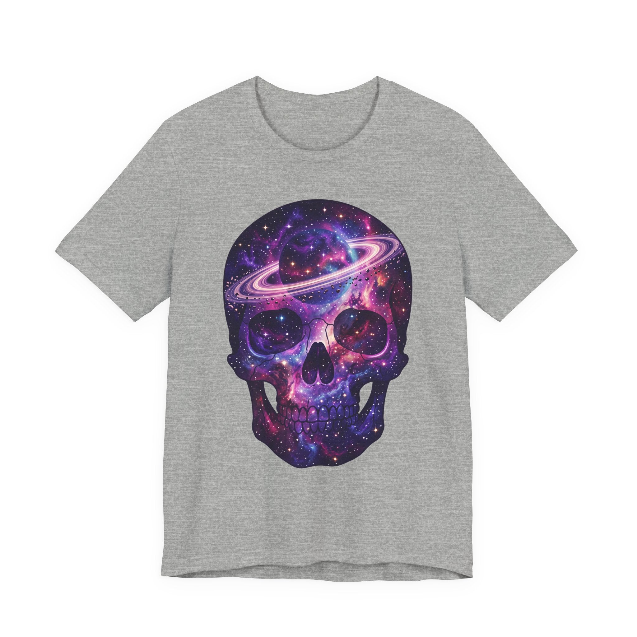 Dark grey heather Galaxy Skull T-Shirt with purple cosmic skull and planet ring print