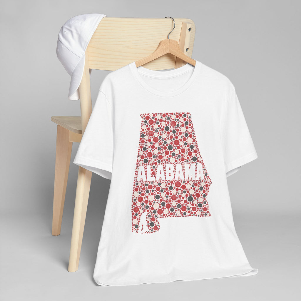 White crew-neck T-shirt with red Alabama floral state outline graphic
