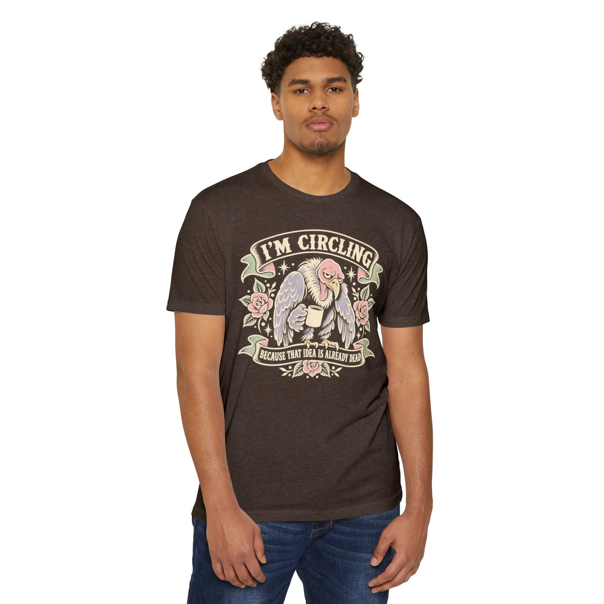 Dark brown crew-neck T-shirt with “I’m Circling” vulture graphic on front