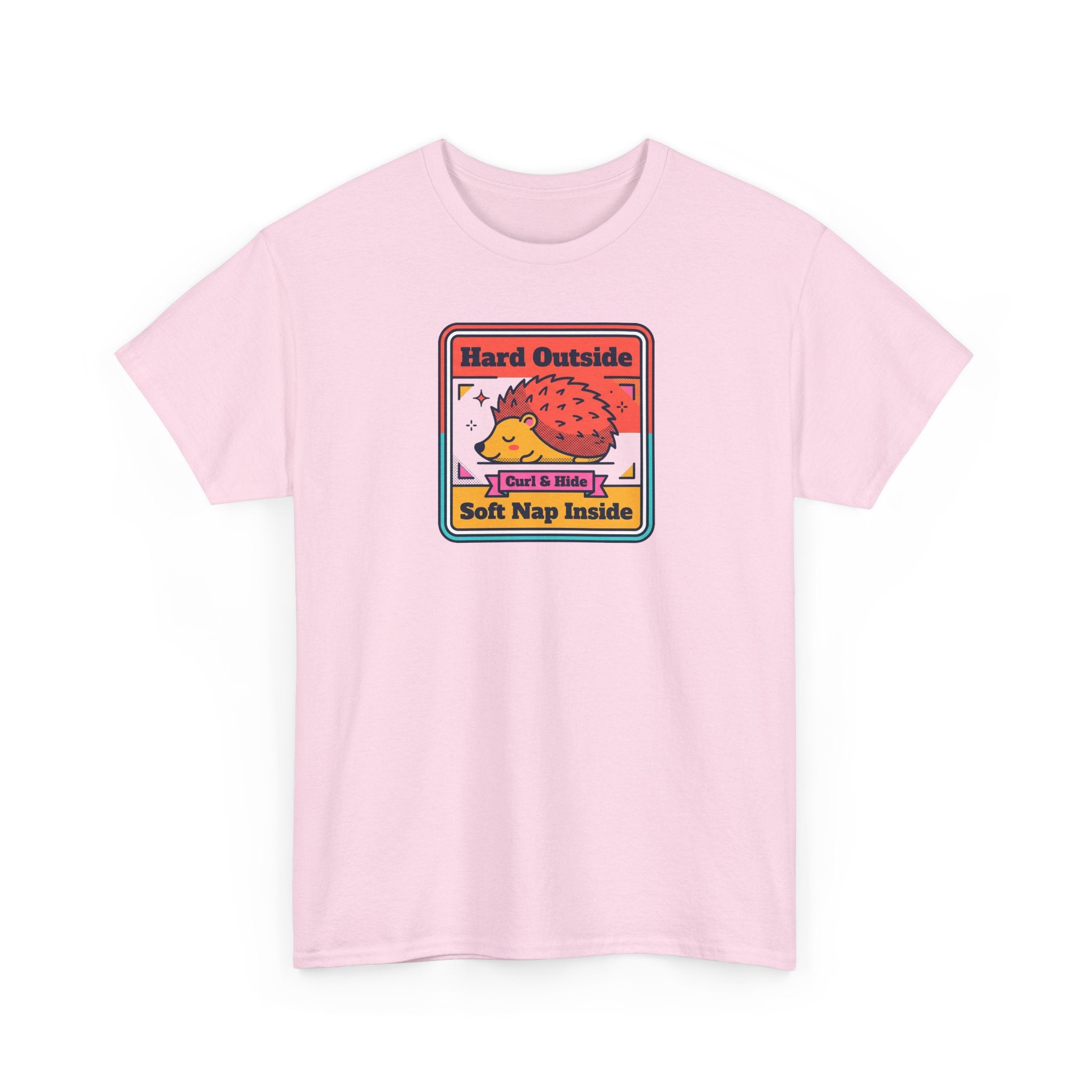 Light pink crewneck T-shirt with hedgehog graphic on chest