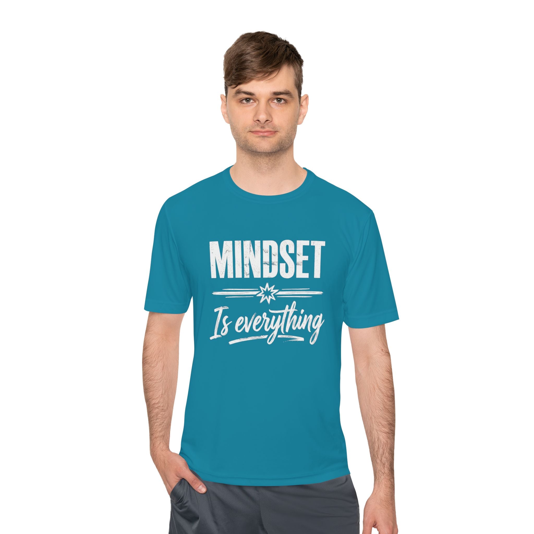 Mindset Is Everything T-shirt in teal with white “MINDSET Is everything” lettering.