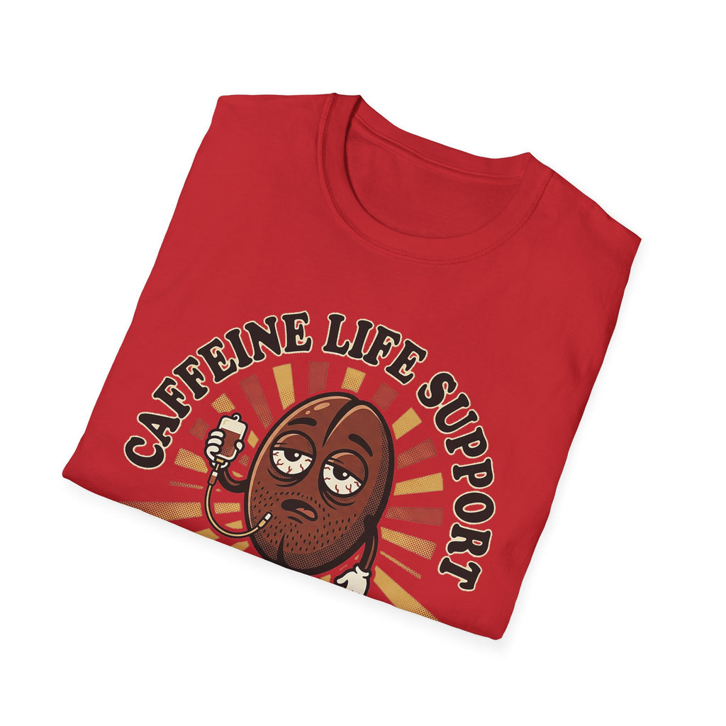 Red T-shirt with 'CAFFEINE LIFE SUPPORT 37' coffee bean cartoon chest graphic