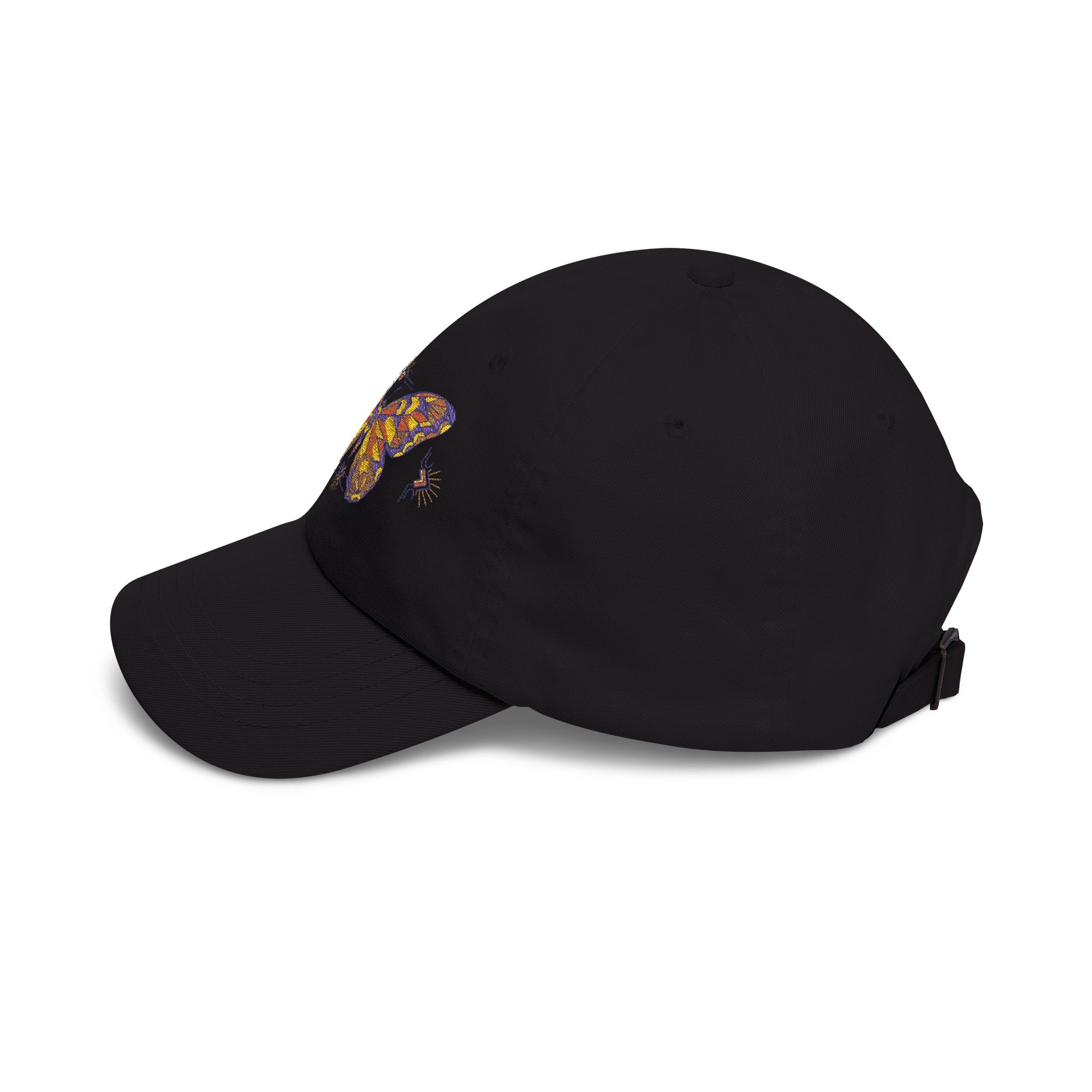 Embroidered dad cap in black with colorful butterfly/moth patch on front