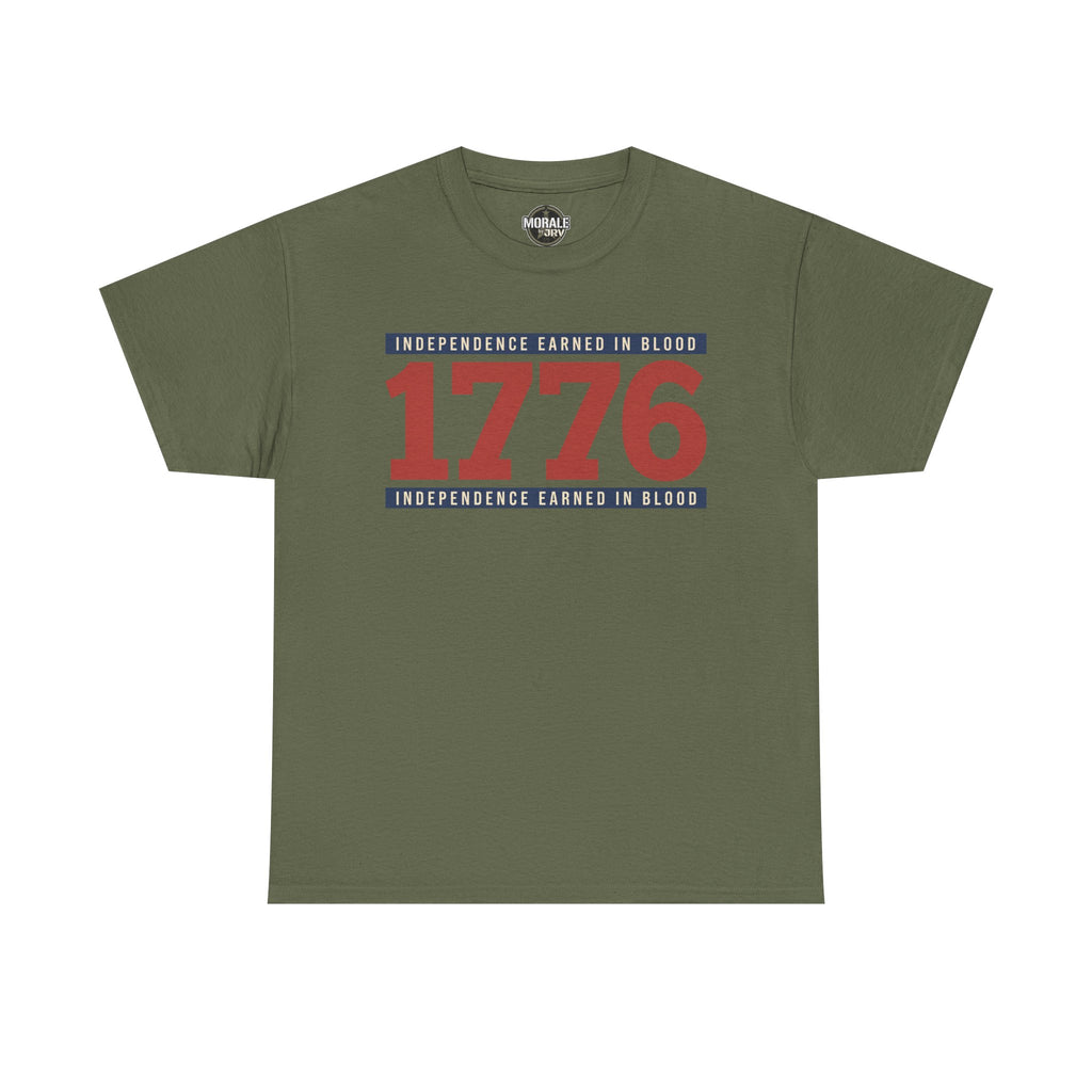 Military green graphic t-shirt with “1776” Independence earned in blood print