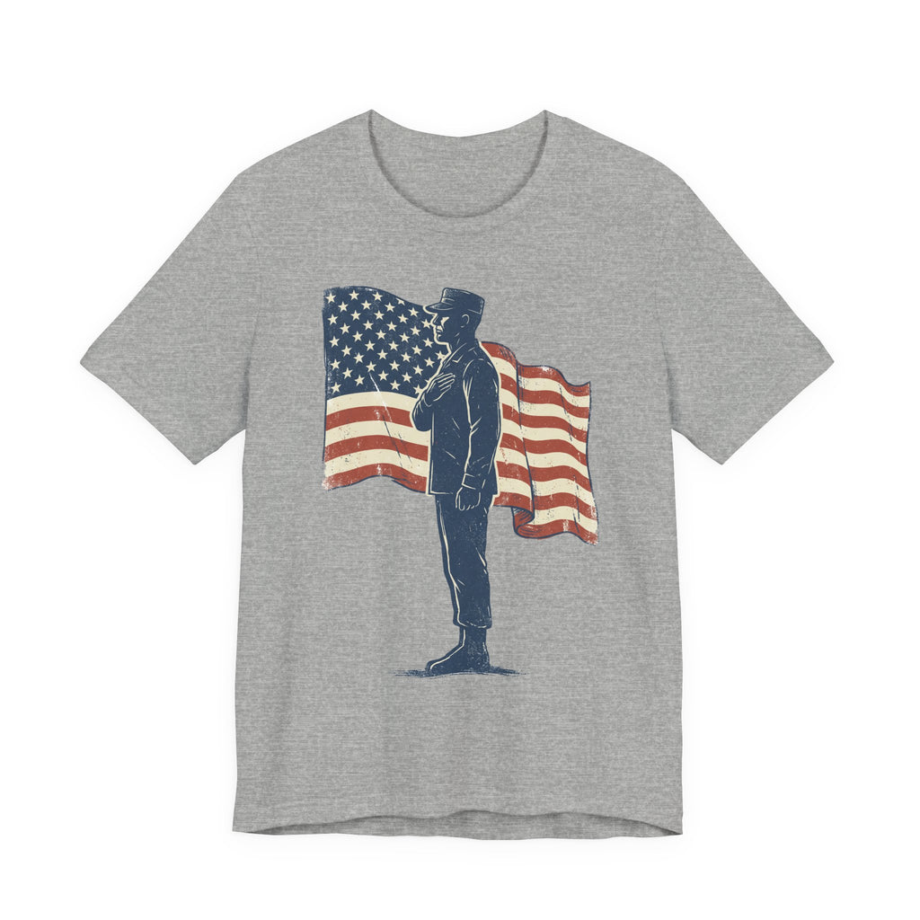 Gray crew-neck T-shirt with saluting soldier graphic and American flag print