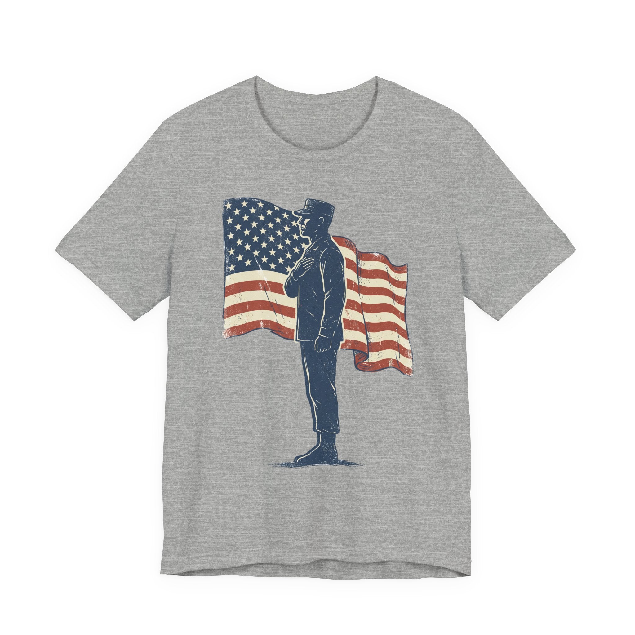 Gray crew-neck T-shirt with saluting soldier graphic and American flag print