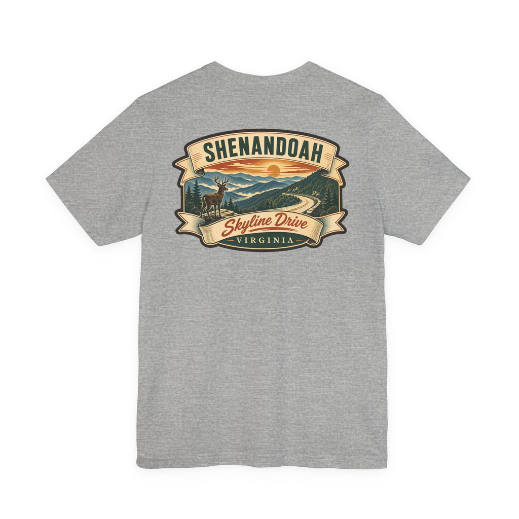 Dark gray heather crew-neck t-shirt with Shenandoah Skyline Drive ribbon graphic