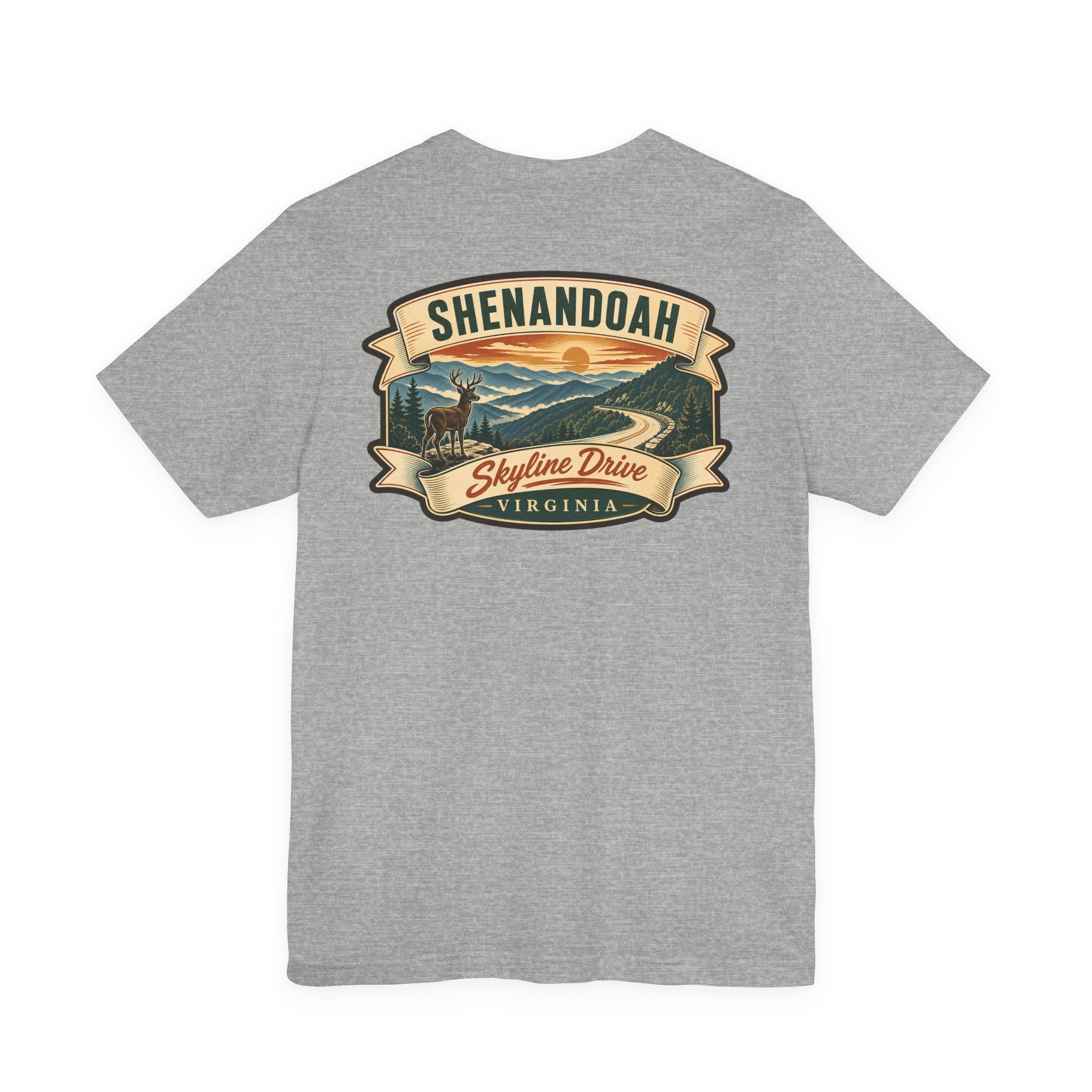 Dark gray heather crew-neck t-shirt with Shenandoah Skyline Drive ribbon graphic