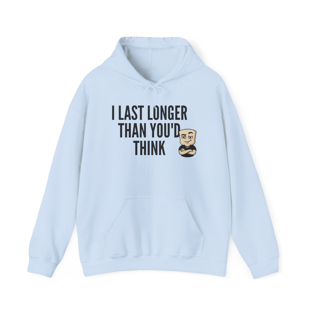 Light blue hoodie with front pocket and drawstring hood, bearded face graphic on chest.