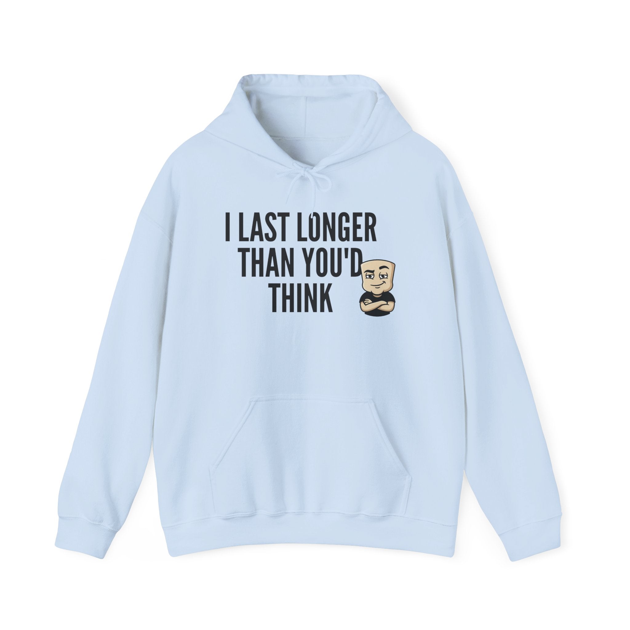 Light blue hoodie with front pocket and drawstring hood, bearded face graphic on chest.