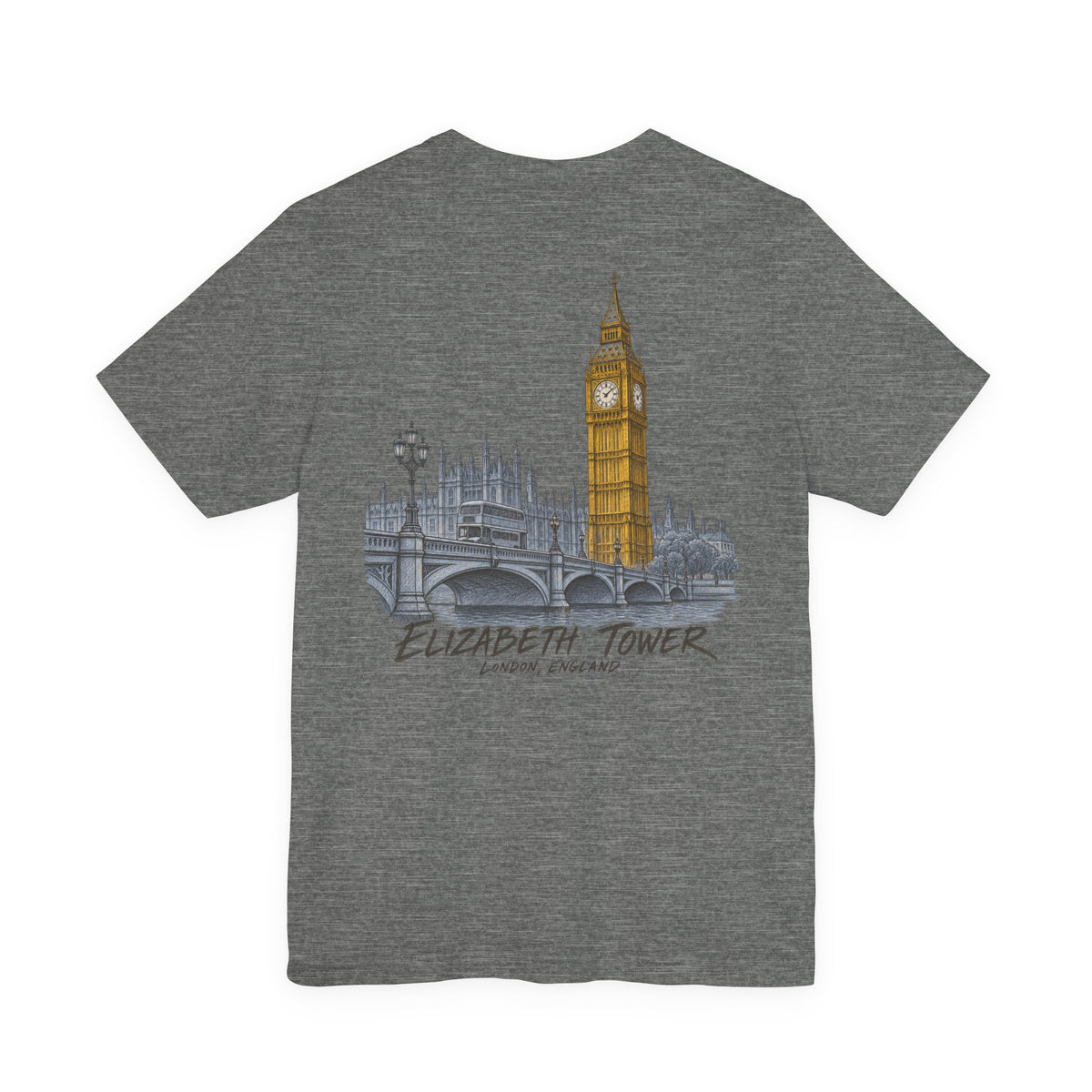 Gray heather crew-neck T-shirt with Elizabeth Tower skyline graphic