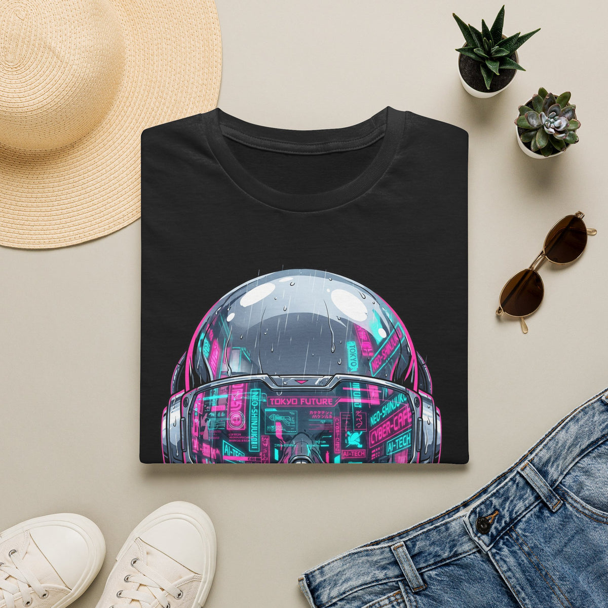 Black t-shirt with neon cyber skull visor graphic across the chest