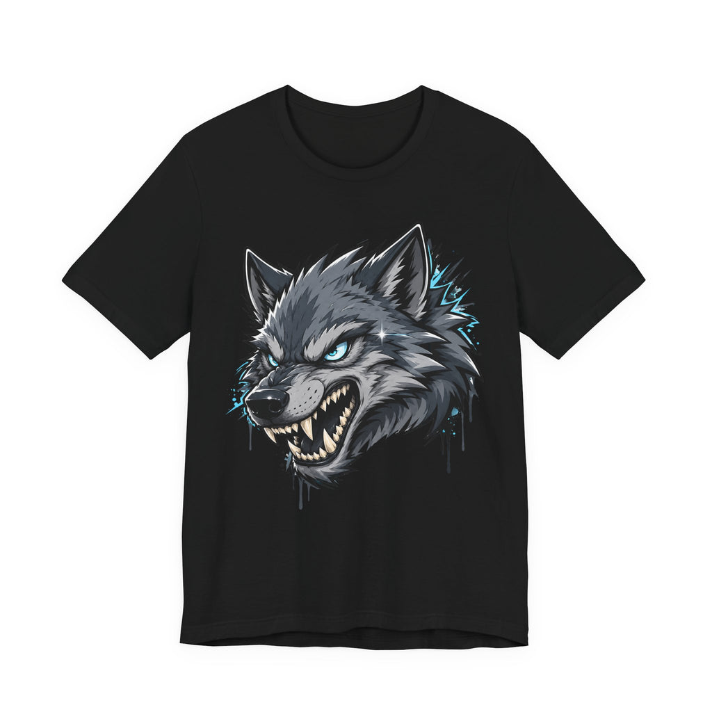 Black T-shirt with snarling wolf head graphic, blue-green highlights and dripping details.