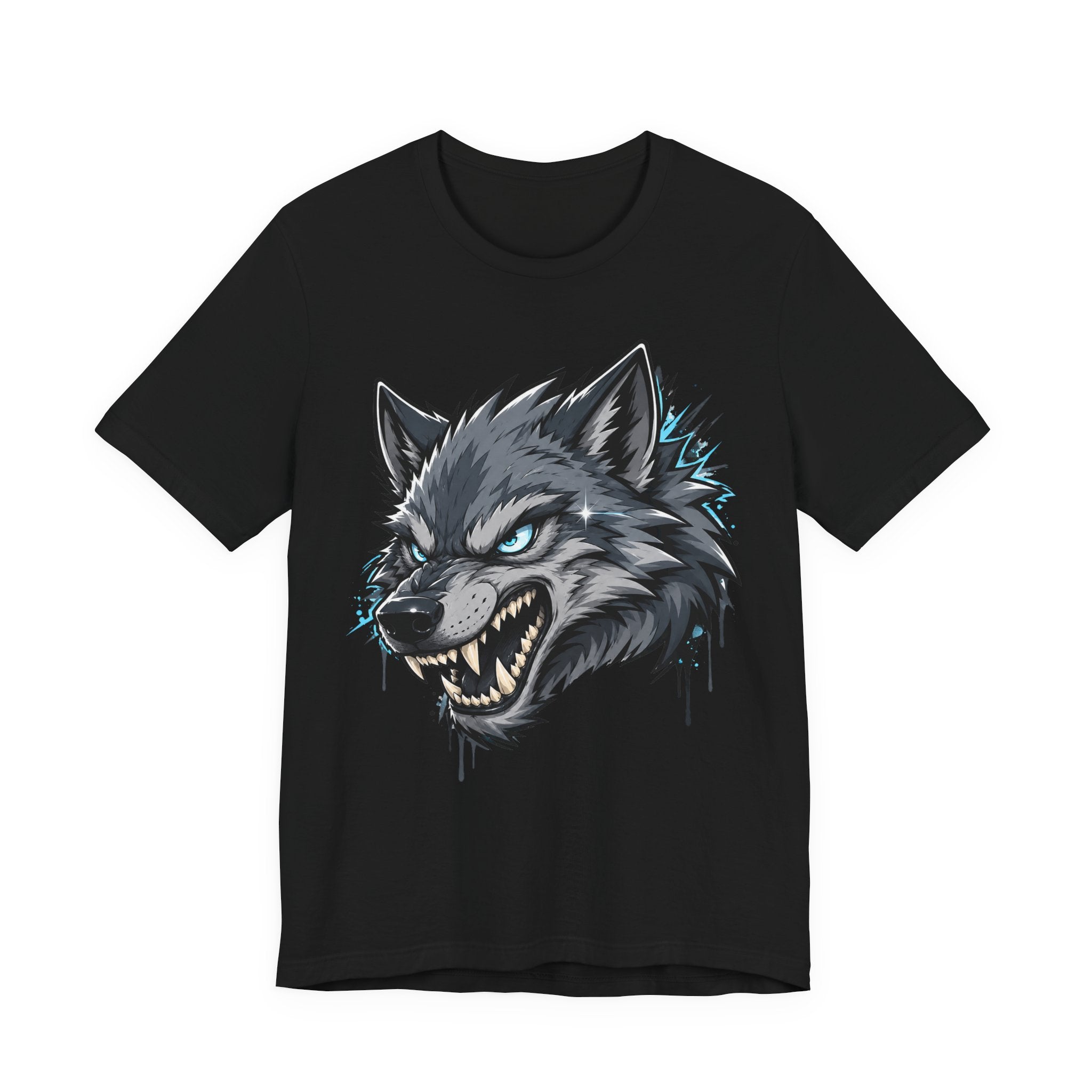 Black T-shirt with snarling wolf head graphic, blue-green highlights and dripping details.