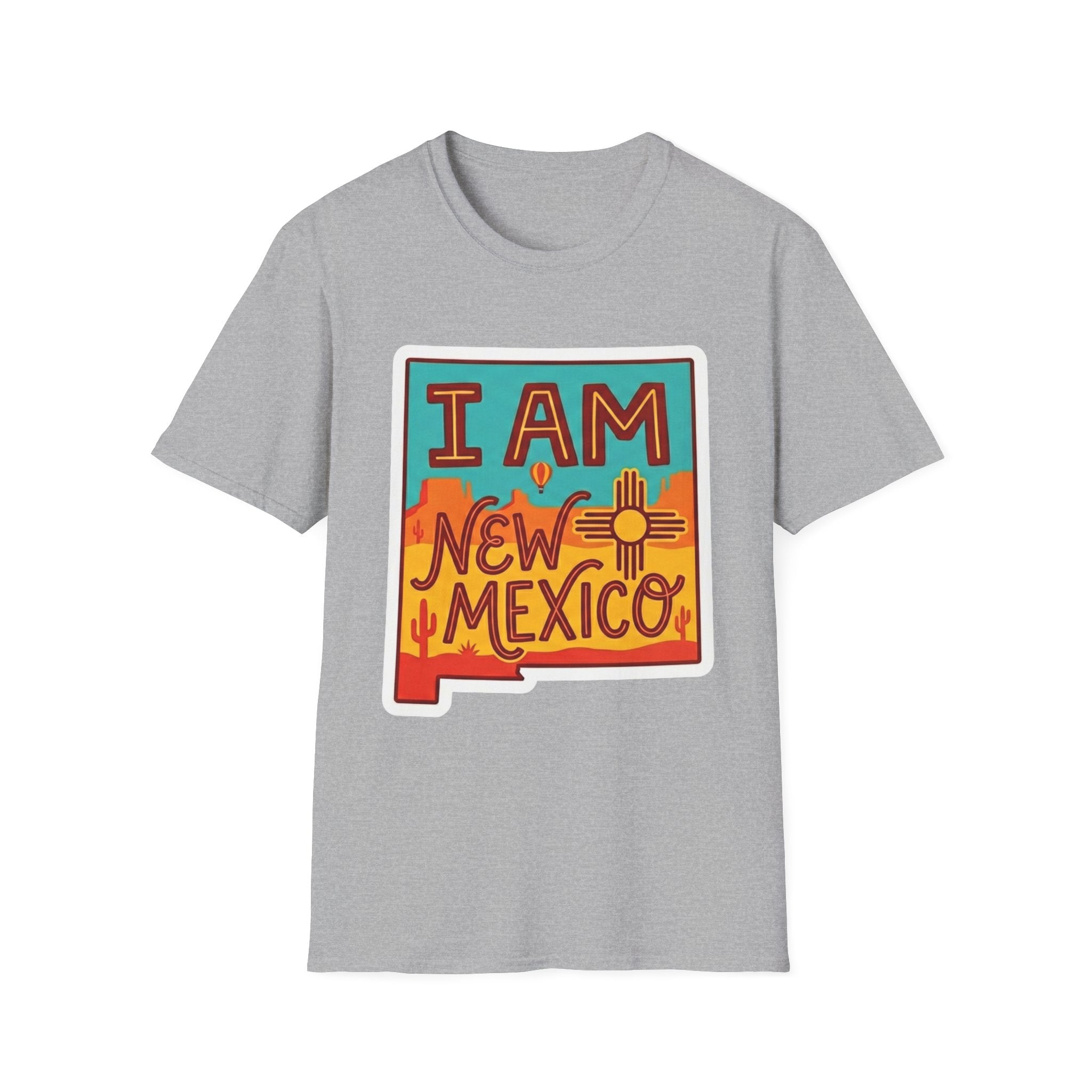 Heather grey T-shirt with “I AM New Mexico” state pride graphic on the chest