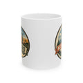 White ceramic coffee mug with two-sided desert park badge print