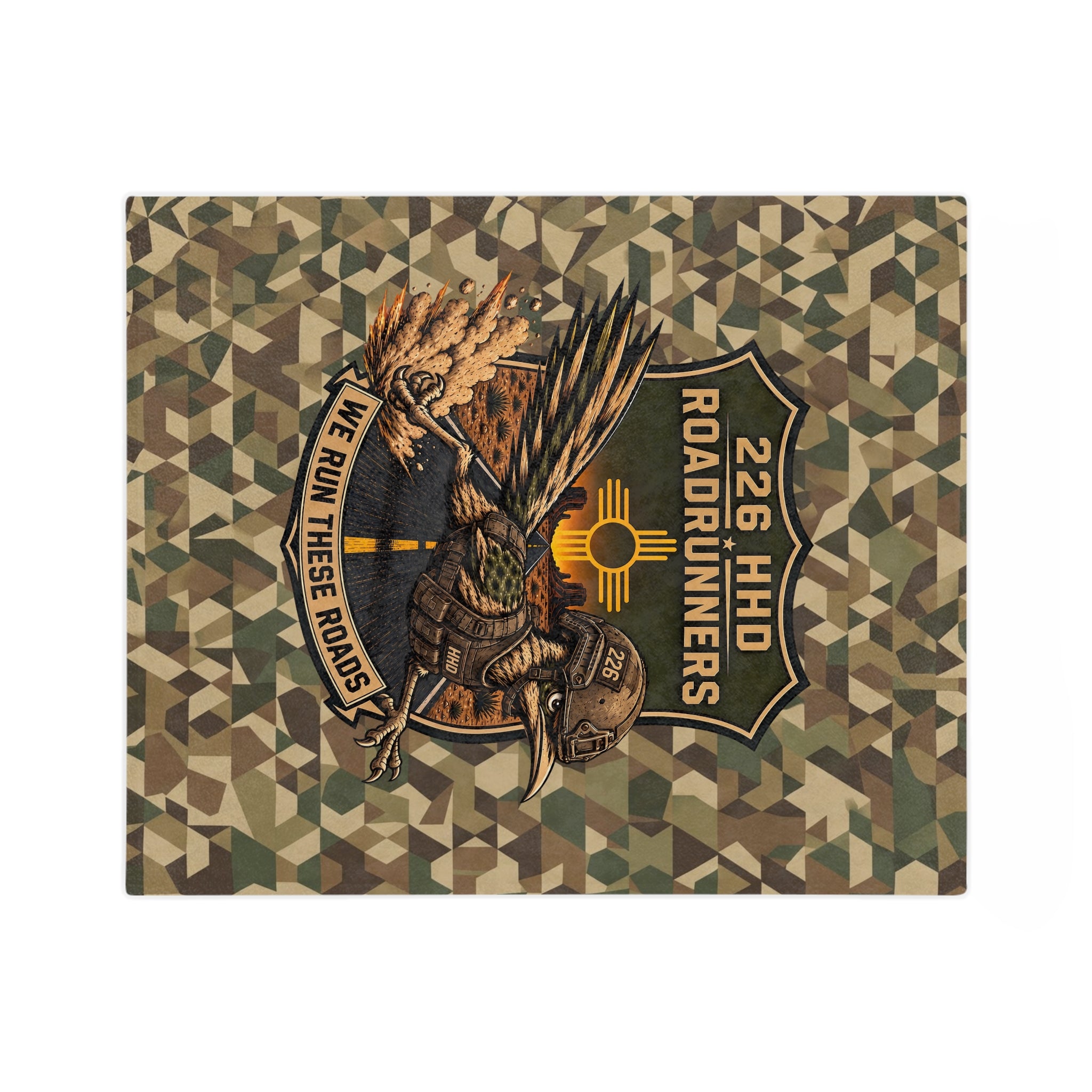 Camo microfiber blanket close-up of side shield patch with golden “226 HHD Roadrunners”