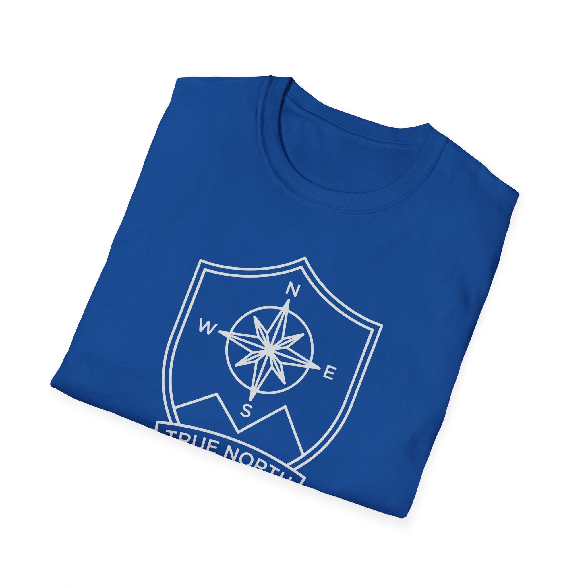 Royal blue T-shirt with compass-shield emblem graphic on front, crew neck.