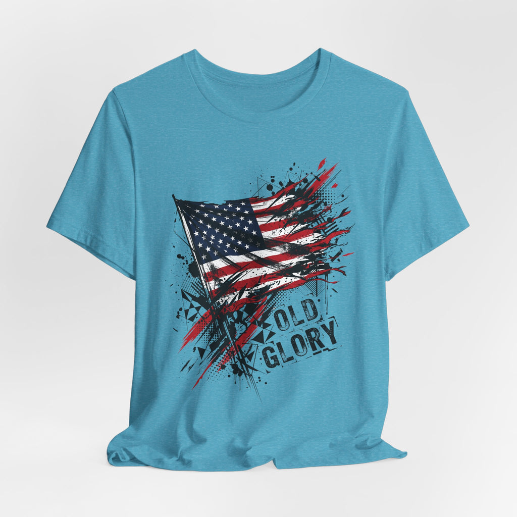 Teal short-sleeve crew neck t-shirt with distressed American flag graphic