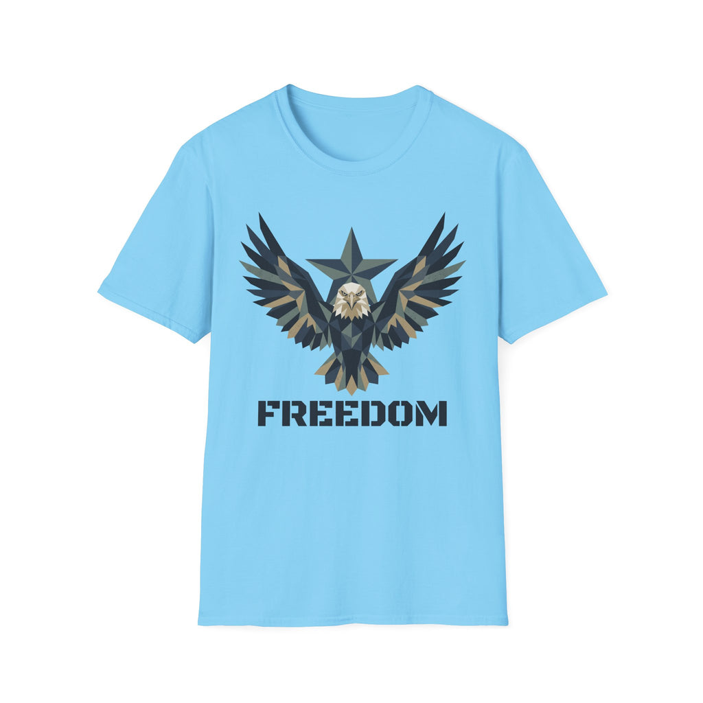 Light blue eagle camo graphic T-shirt with winged emblem and “FREEDOM” text