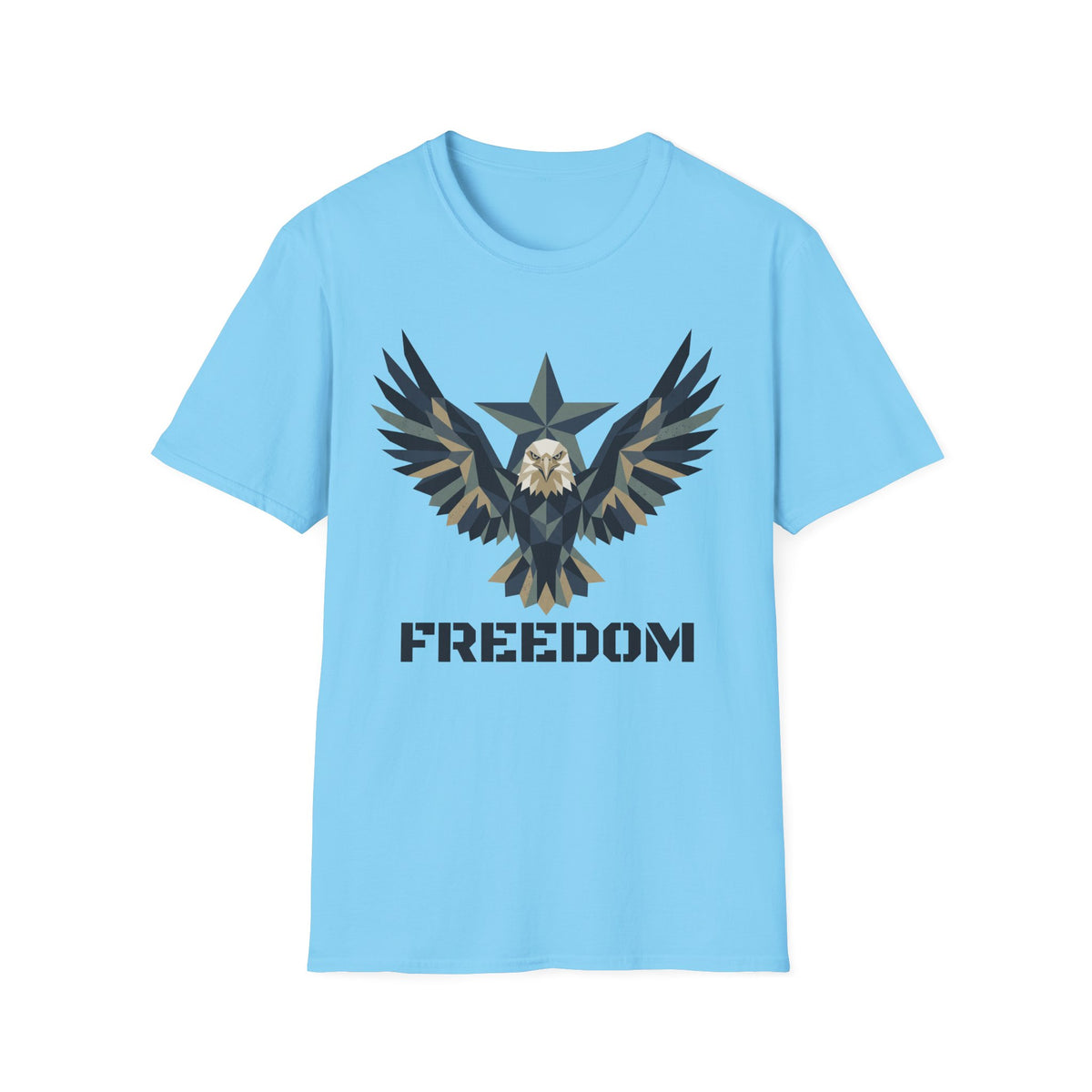 Light blue eagle camo graphic T-shirt with winged emblem and “FREEDOM” text