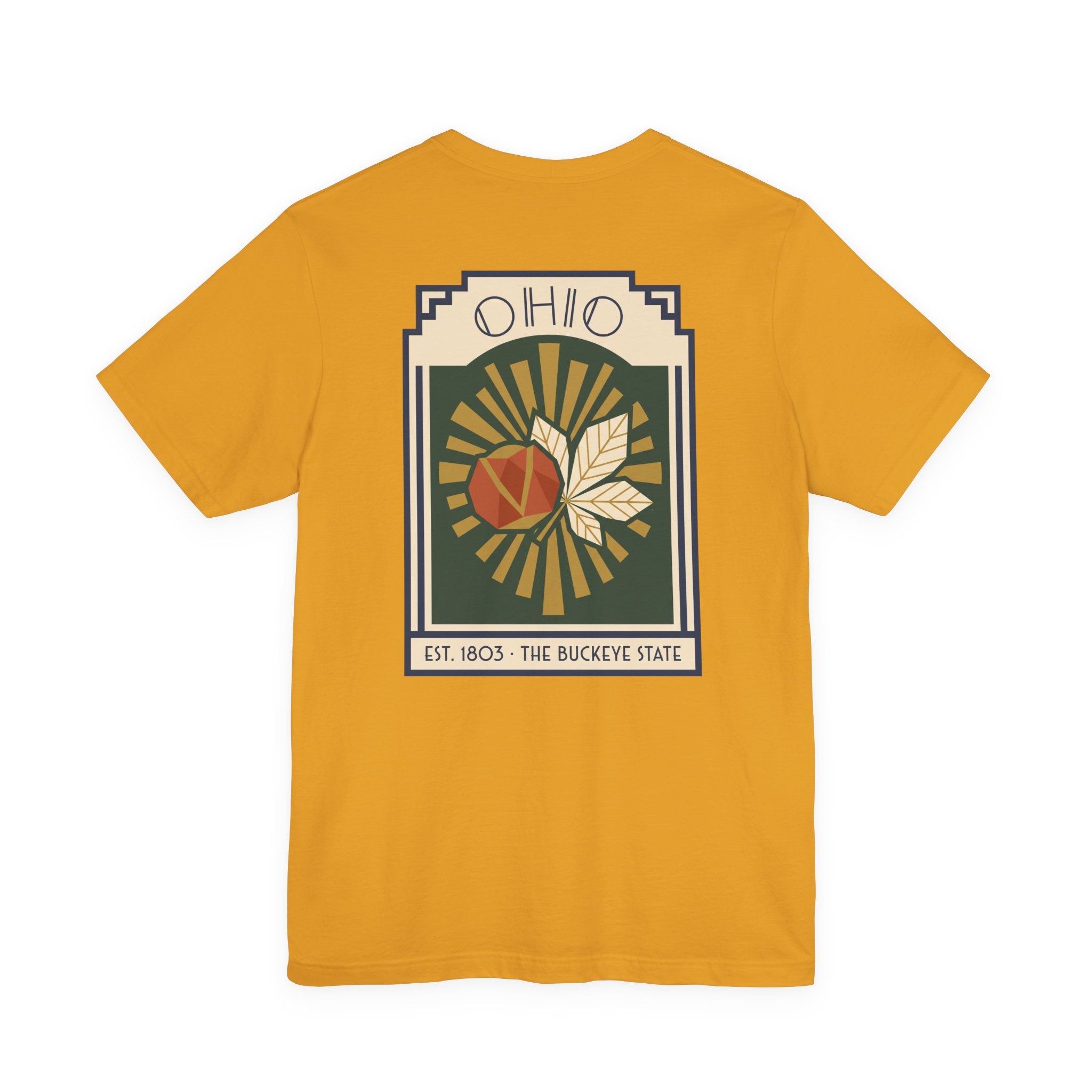 Mustard yellow T-shirt with Ohio sunburst art deco graphic front