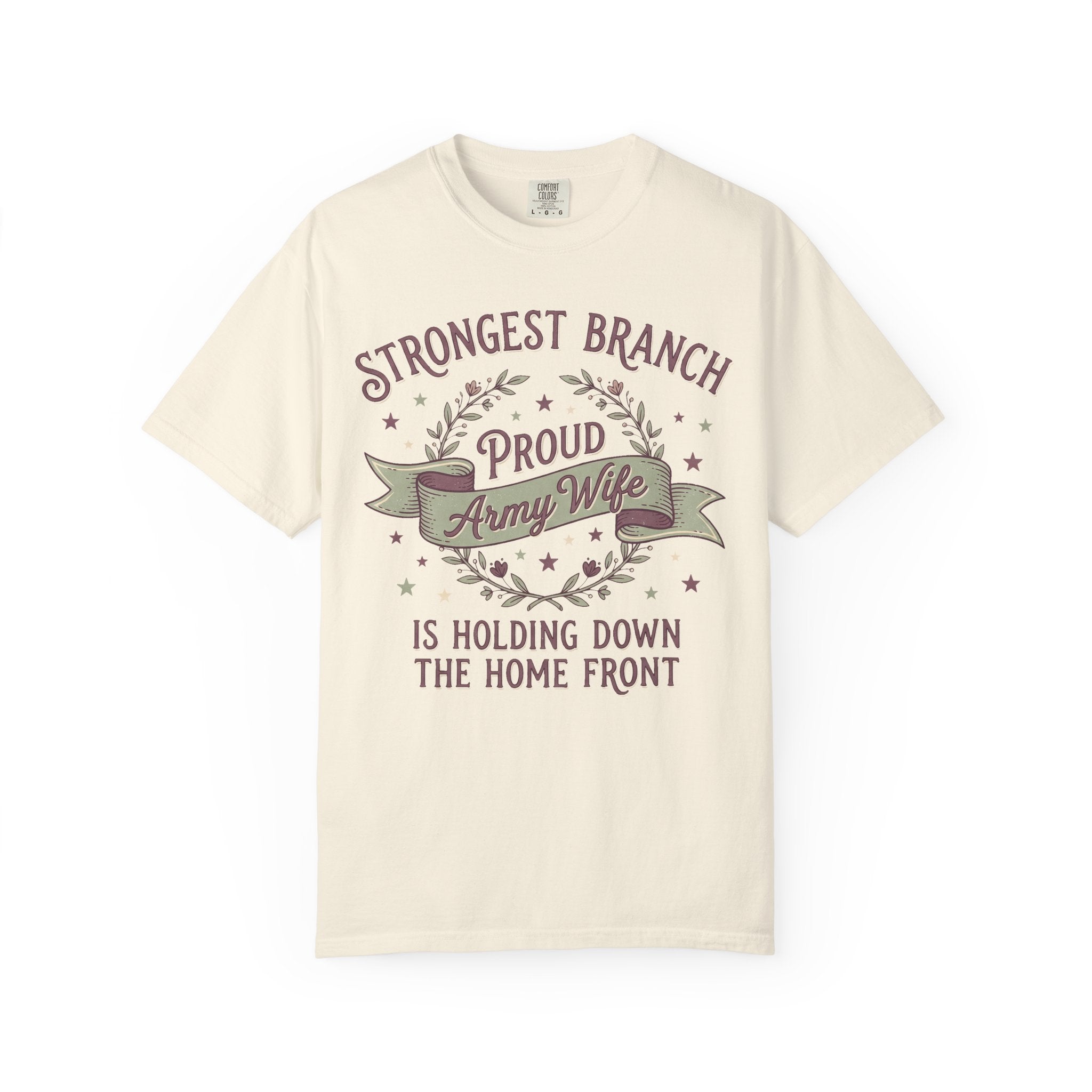 Army wife slogan T-shirt in ivory with Strongest Branch graphic