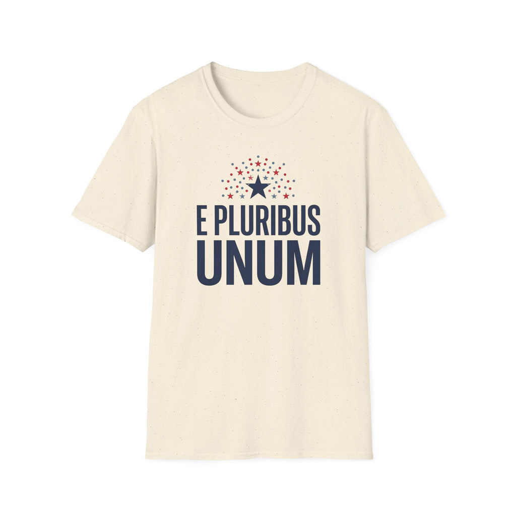 Cream crew-neck T-shirt with centered 'E PLURIBUS UNUM' graphic and red stars