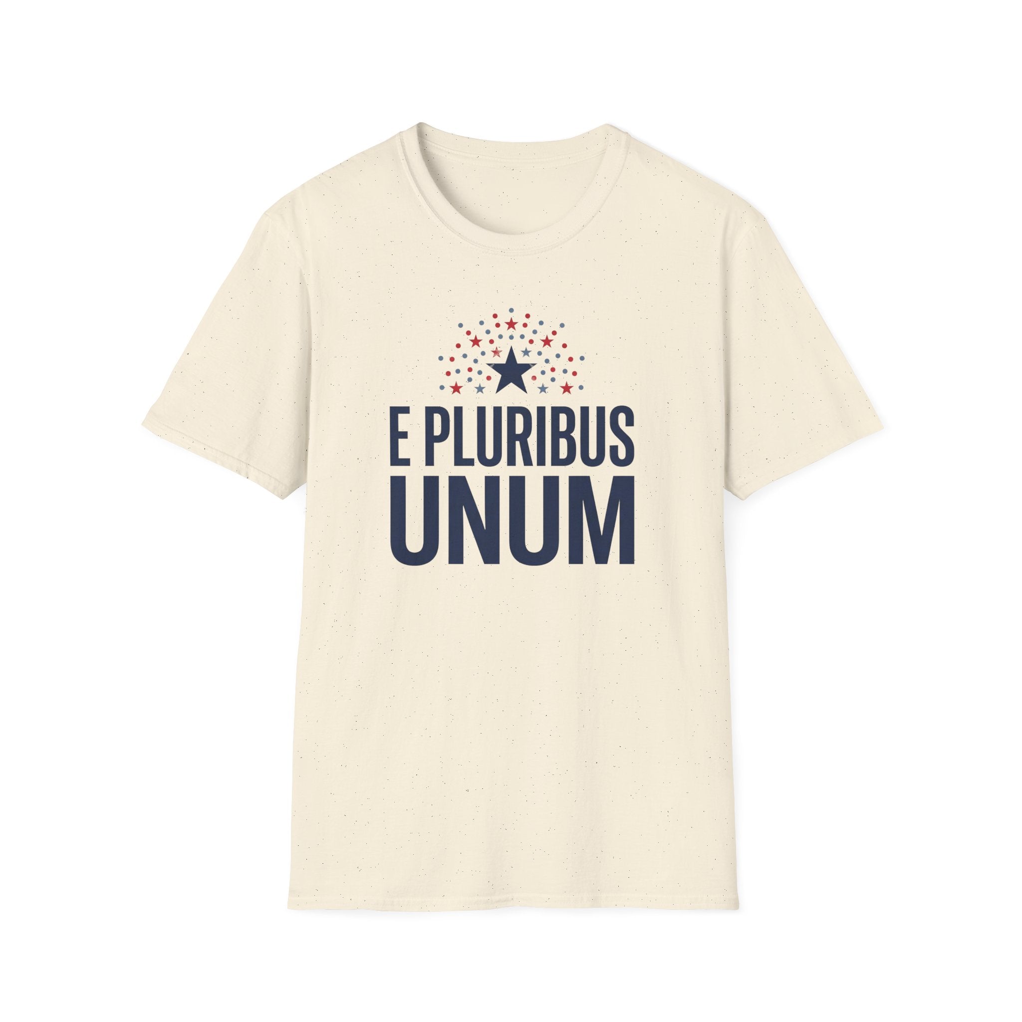 Cream crew-neck T-shirt with centered 'E PLURIBUS UNUM' graphic and red stars