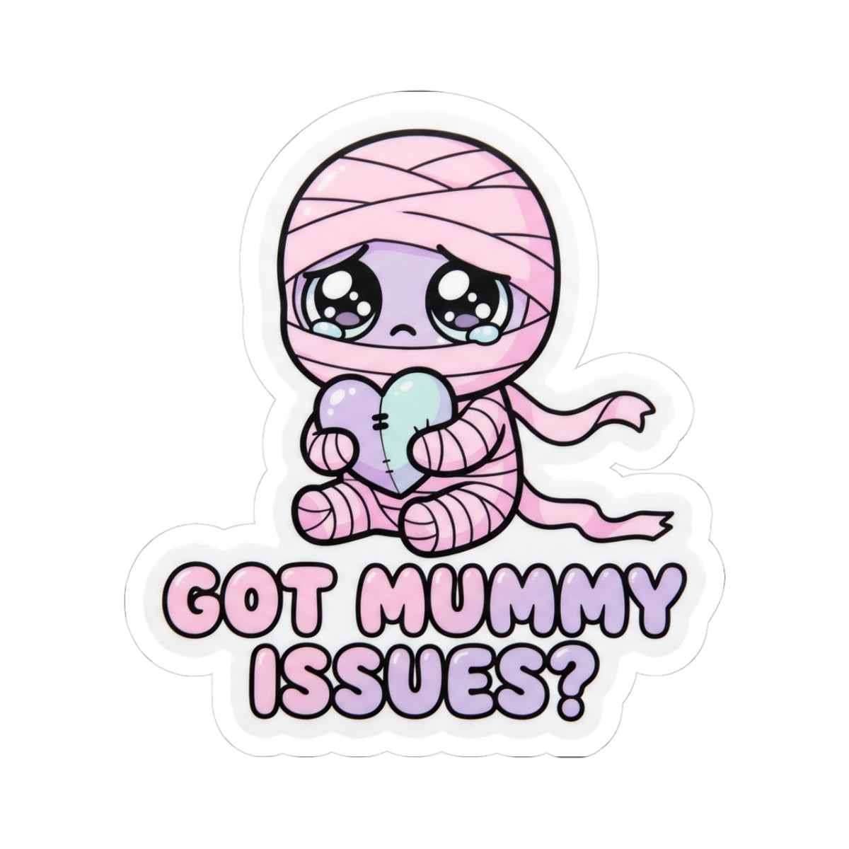 Cute baby mummy holding heart sticker, pink hood stripes, “GOT MUMMY ISSUES?”