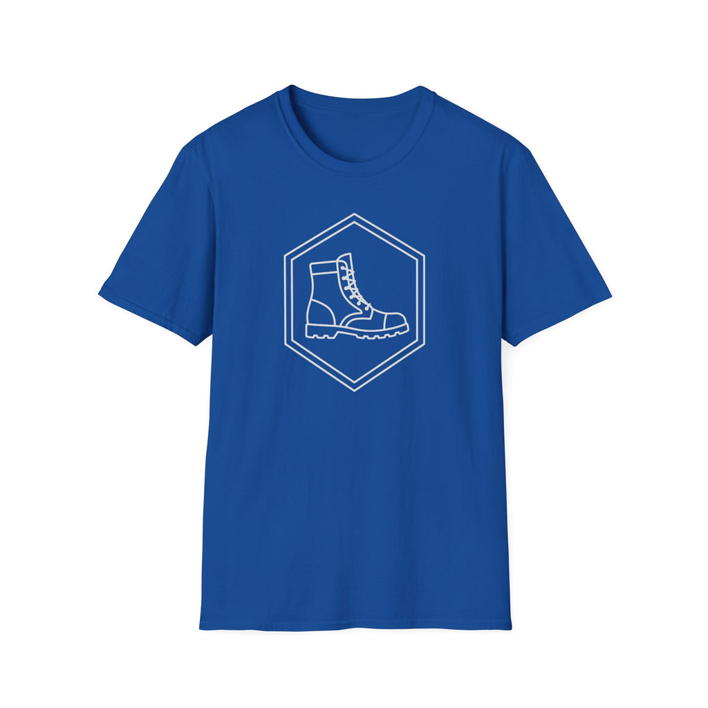 Royal blue T-shirt with a diamond emblem and boot illustration on the front.